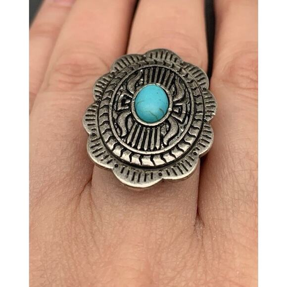 Silver Tone And Faux Turquoise Western Southwestern Costume Jewelry Ring Size 8 - Picture 5 of 7